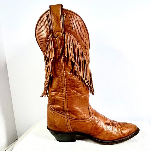 Laredo Tan Leather Fringe Cowboy Boots Women’s Vintage Western Rodeo Style - Picture 12 of 16